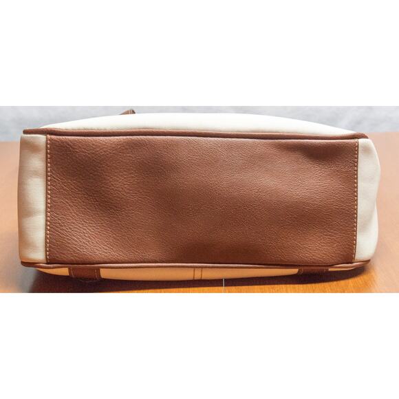 Medium White Brown Purse Shoulder Satchel Bag Vintage Roomy 3 Compartments - Picture 4 of 6